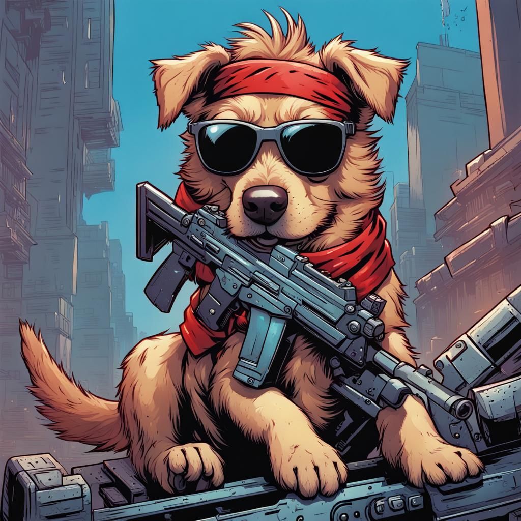 Dog with Weapon in Comic Book Style