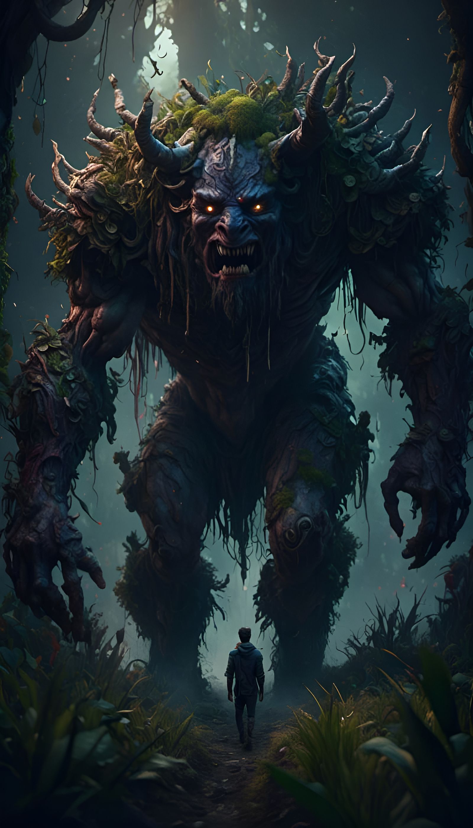 Gigantic Grass Beast in a Dark Landscape