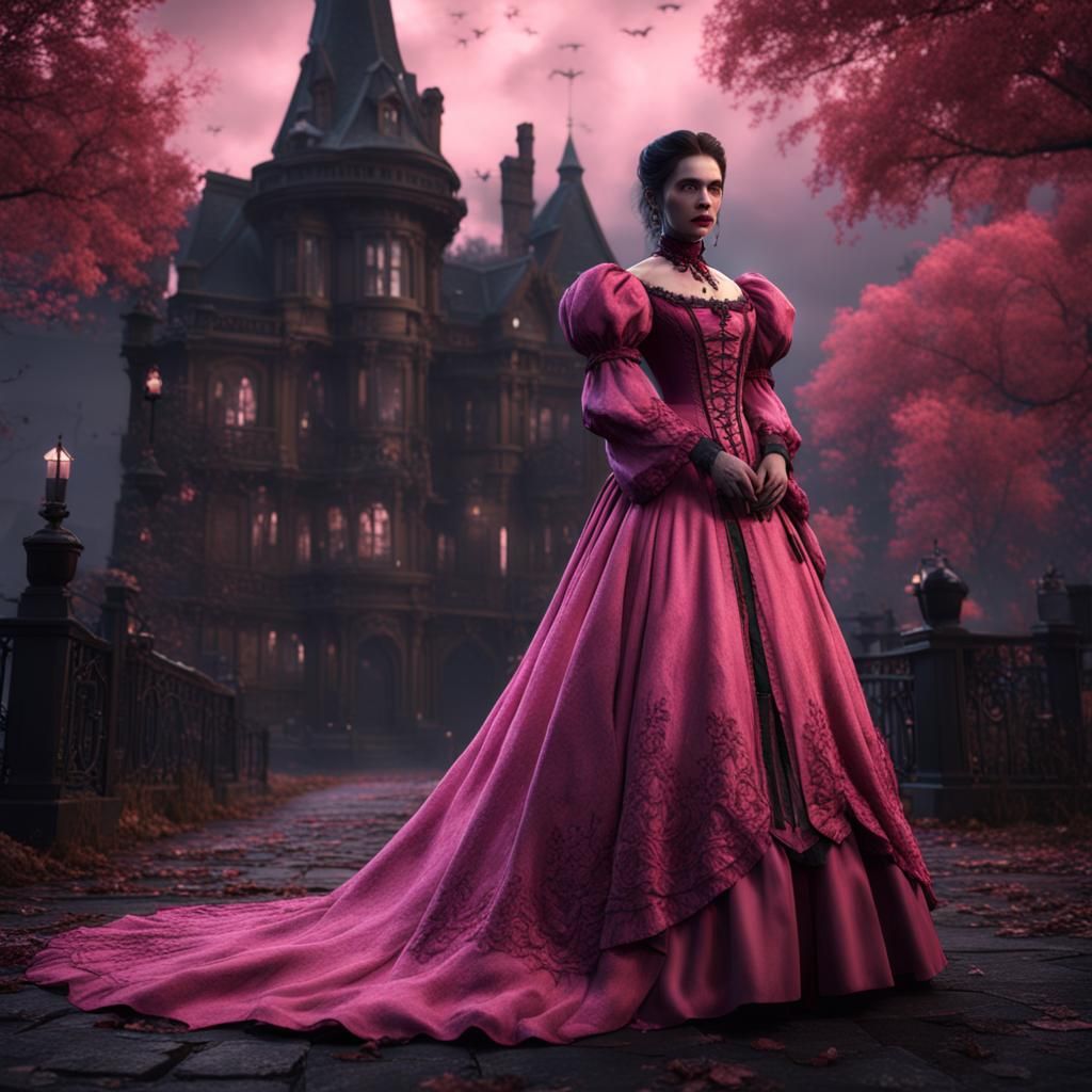 Female Vampire in Pink Victorian Dress: Detailed Matte Paint...