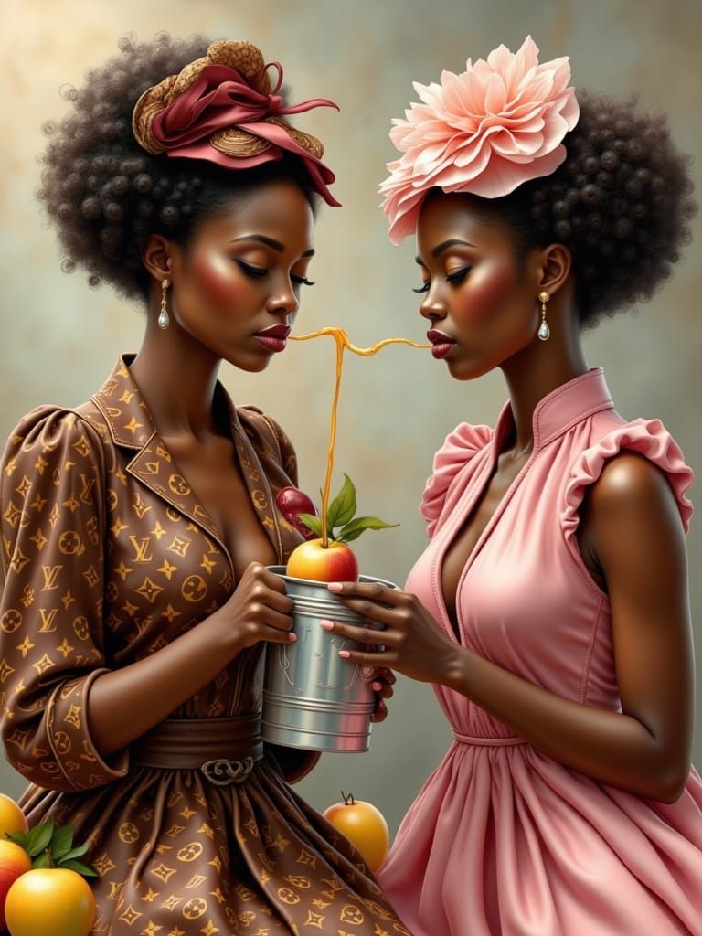 Elegant Ladies in LV Outfits Pouring Apple Juice