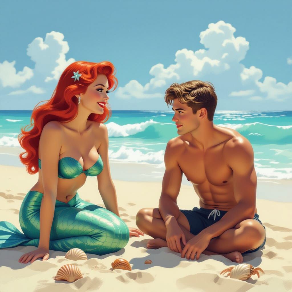 Mermaid with Sharp Teeth on Sunny Beach in 3D Anime Art