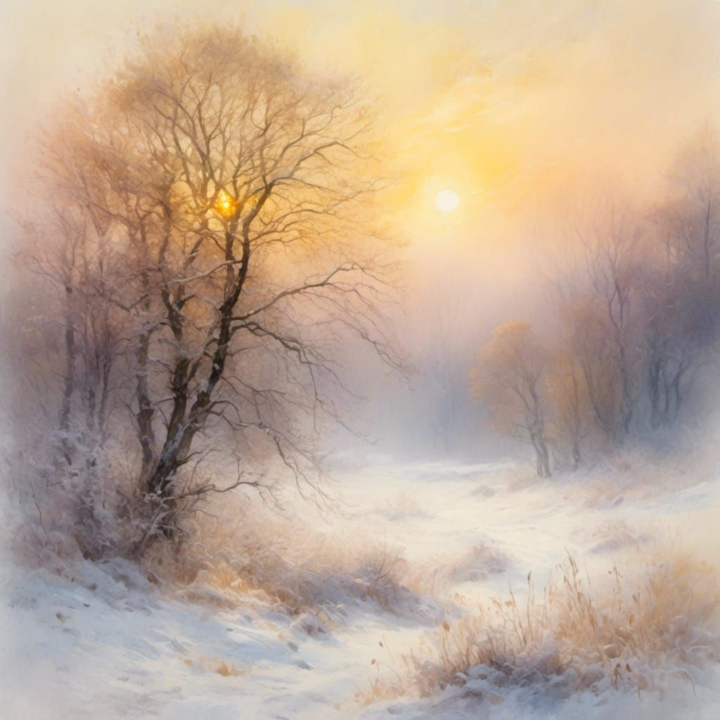 Foret impressionniste enneigée  arbre branche nue en arrière plan neige sur les arbres soleil voilé détaillé<lora:Dre...