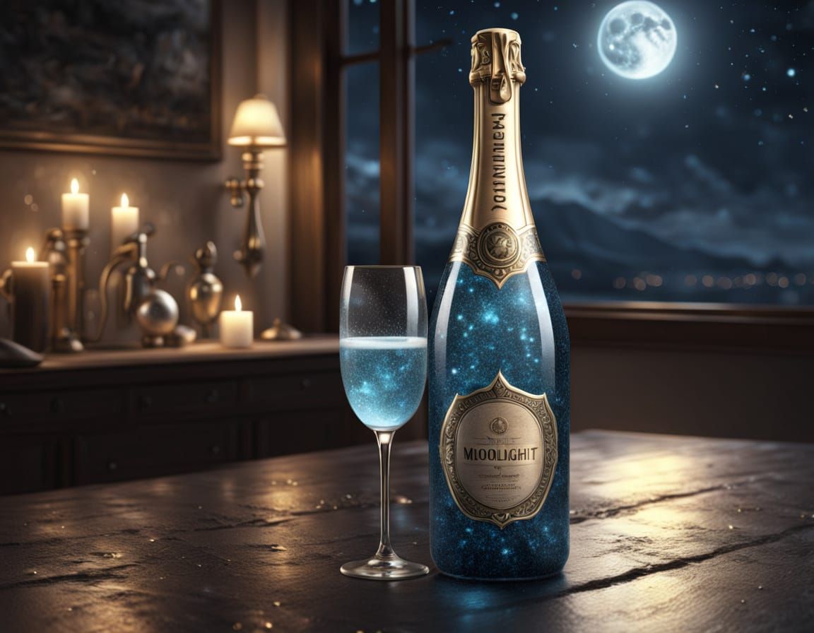 Bottle of Sparkling Moonlight: Hyperrealistic Digital Painti...