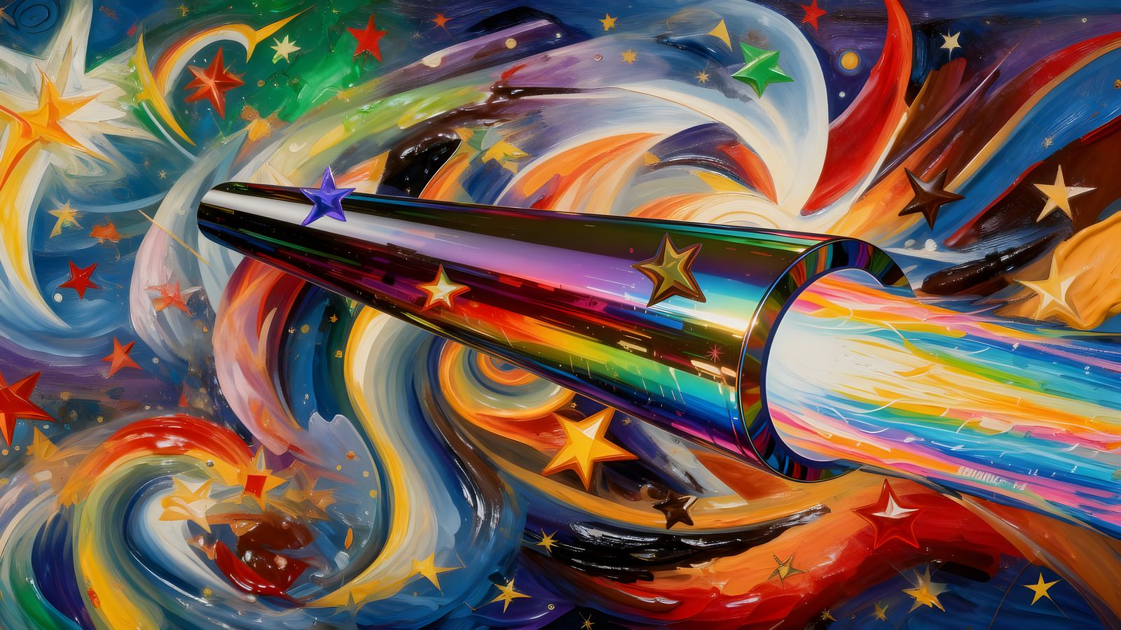 Sleek Rainbow Cylinder with Vortex Exhaust in Impasto Style