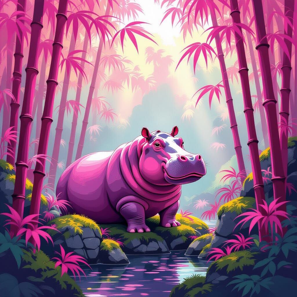 Pink Hippo in Pink Bamboo Forest Gouache Painting