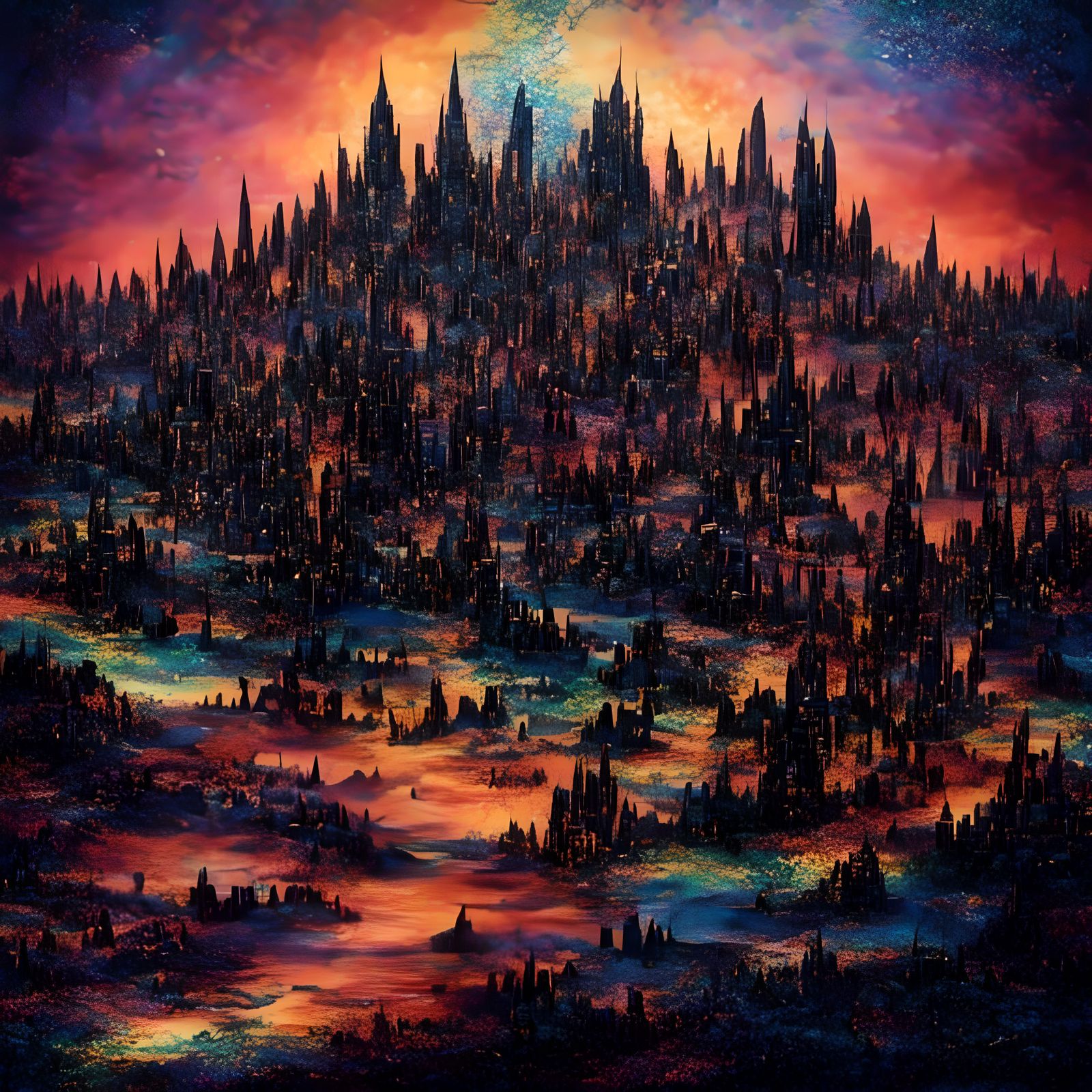 Miniature Rainbow City in Pointillist Pixel Art