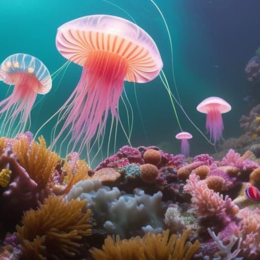 Luminescent Jellyfish Exploring a Neon Coral Reef