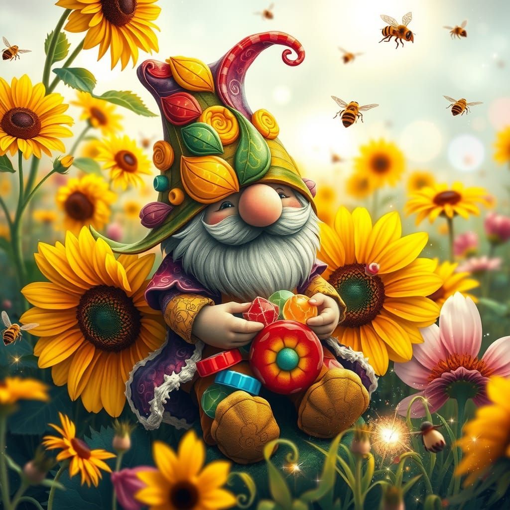 Whimsical Gnome in Sunflower Meadow, Visionary Art