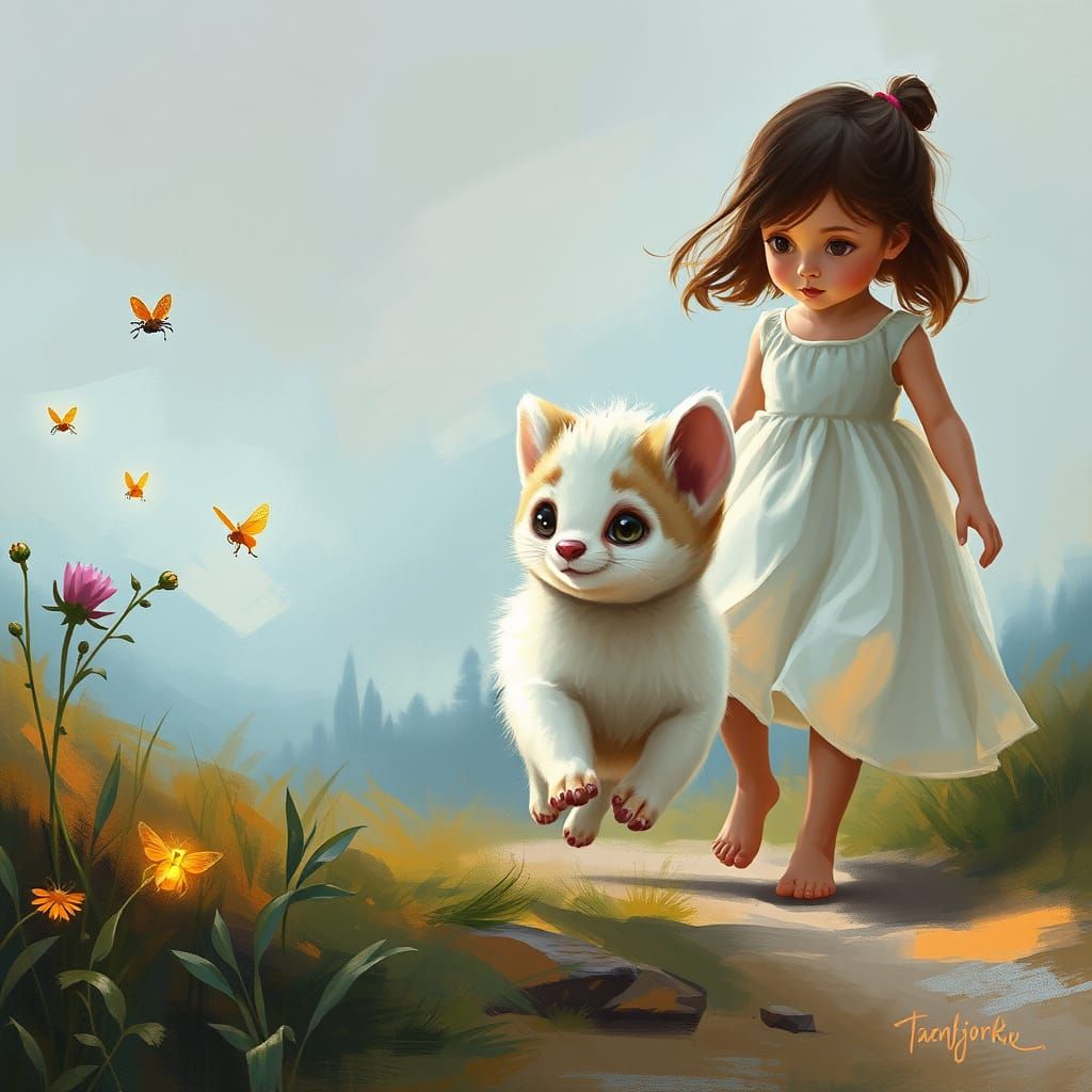 Playful Creature Bounding Through Whimsical Landscape