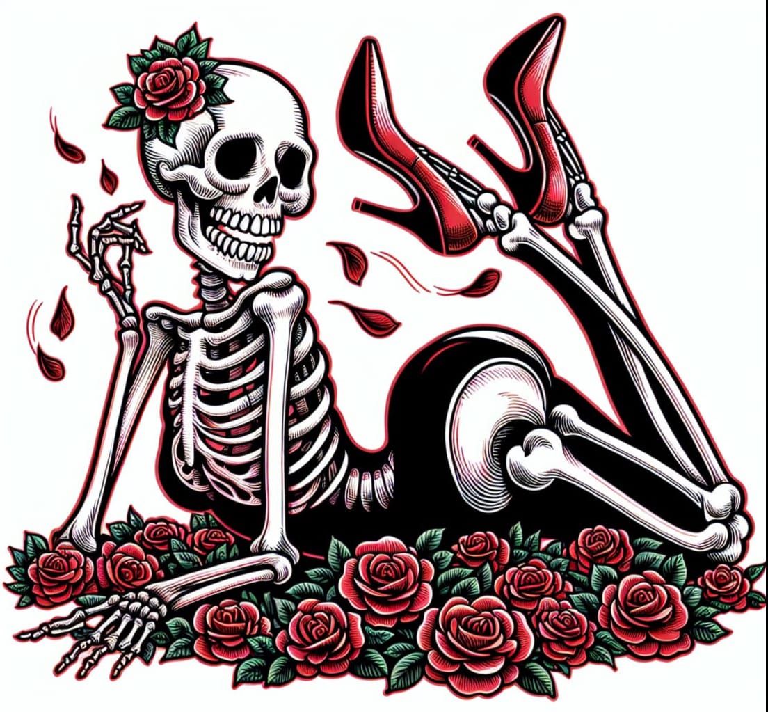 Cartoon Skeleton Pinup in Engraving Style