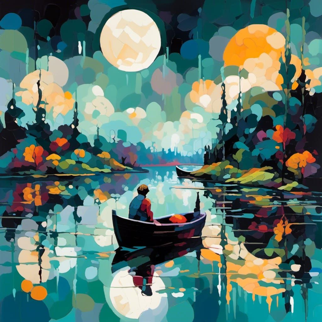 Boy Fishing on Bioluminescent Lake, Neo-Impressionism