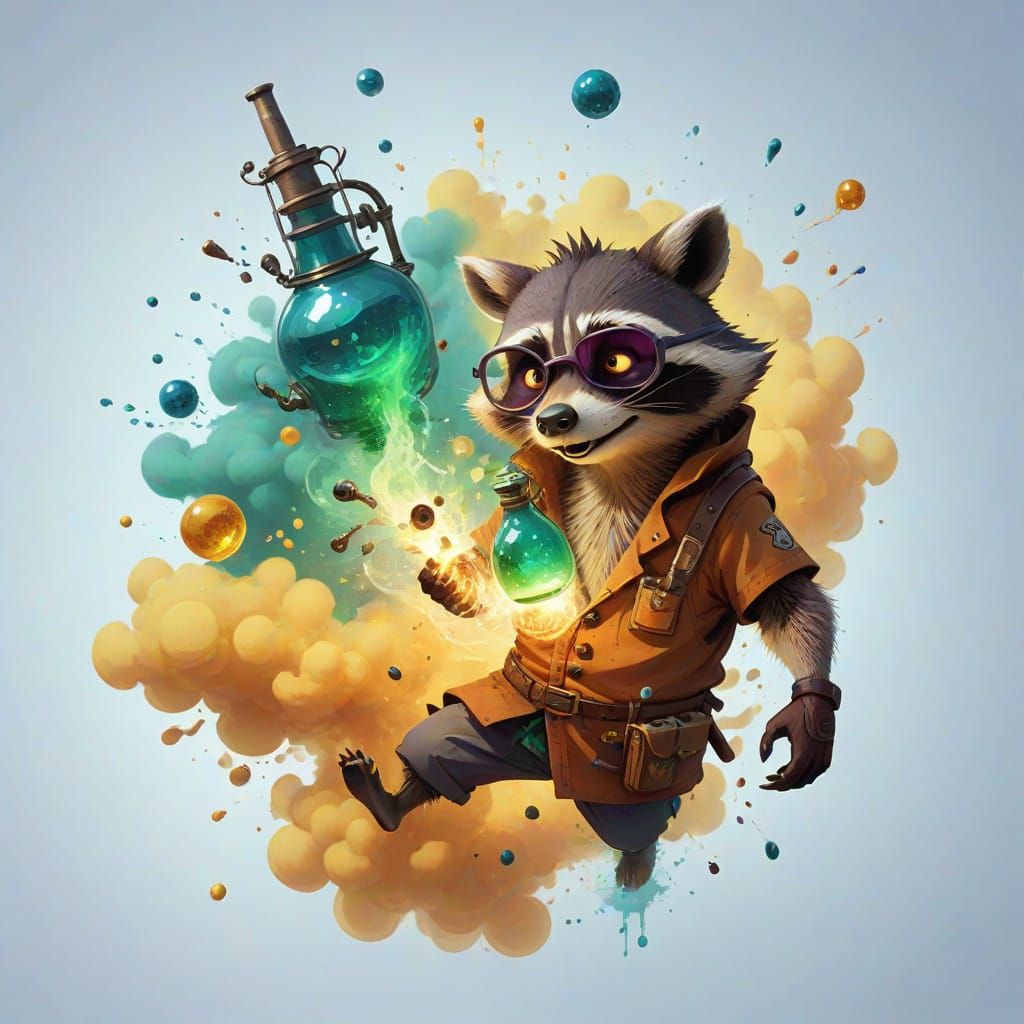 Mischievous Alchemist Raccoon in a Magical Laboratory
