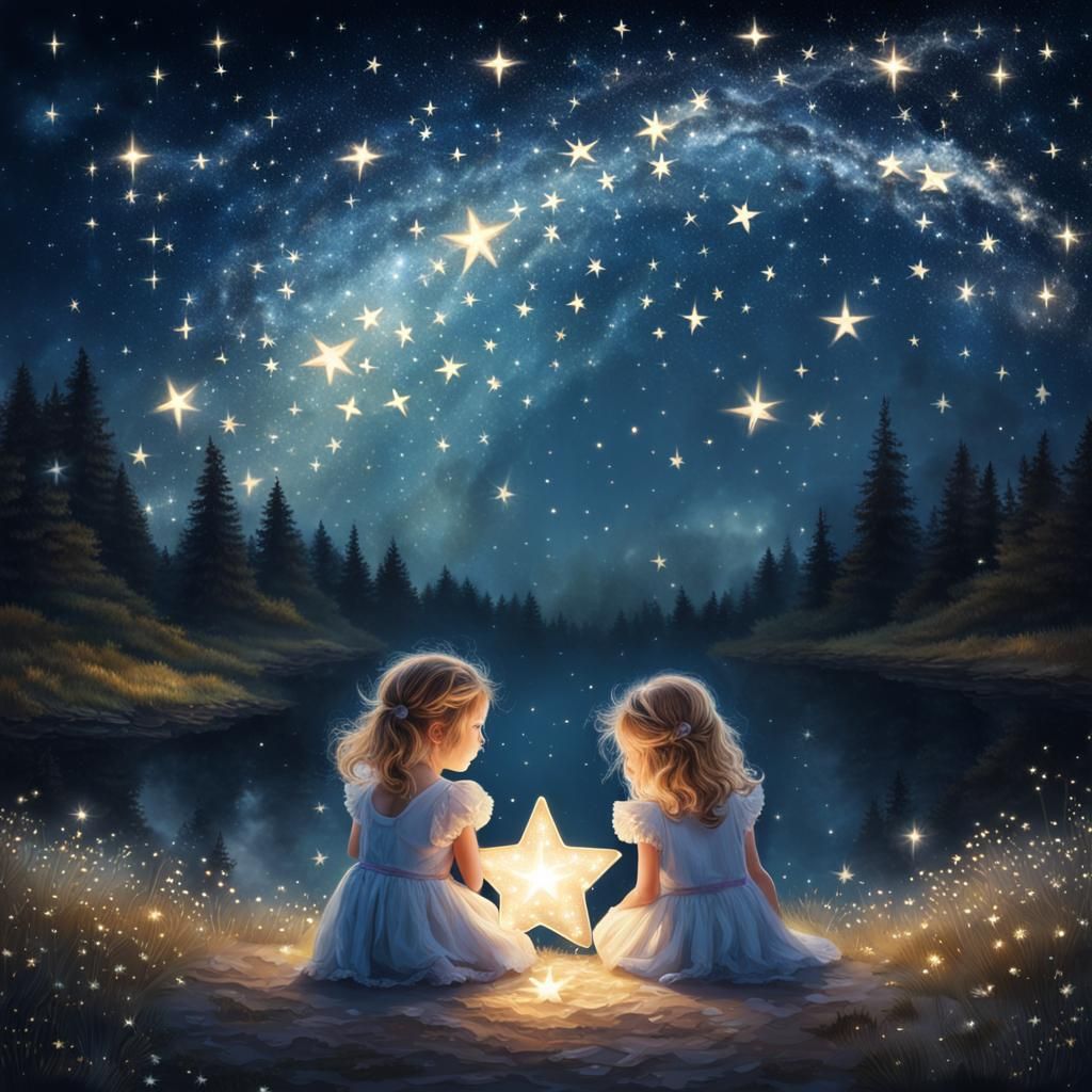 Little Girls Wondering at Magical Starry Night
