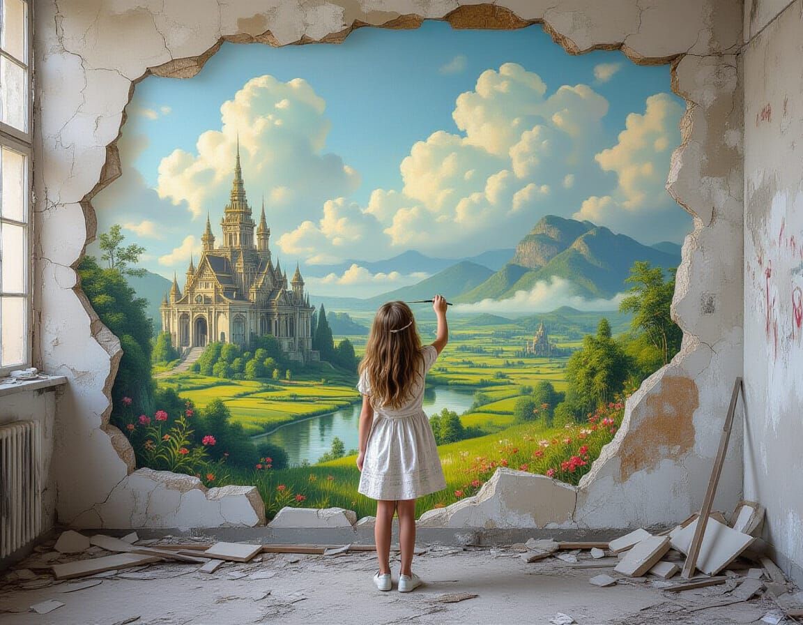 Girl Paints Paradise Landscape in Factory, Detailed Oil