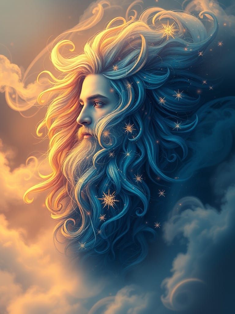 Ethereal Masculine Figure in Neon Blue Clouds at Golden Hour