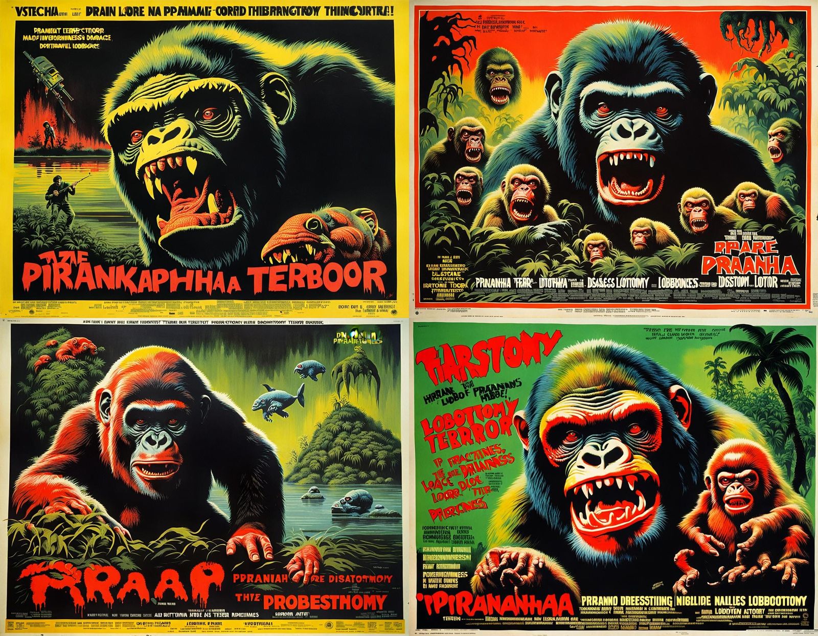 Horror Ape-Piranha Hybrid in 1970s Movie Poster Style