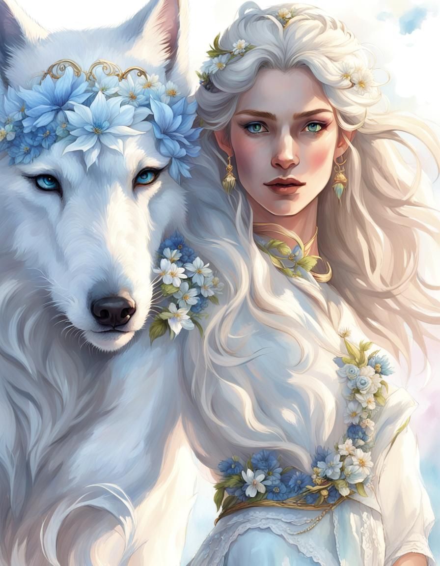 Majestic Elf Queen with White Wolf: Fantasy Portrait