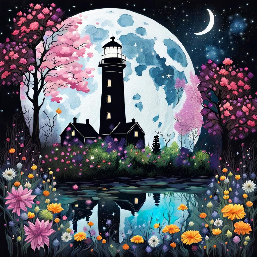 Surreal Lighthouse in Starry Meadow: Double Exposure Ink Art