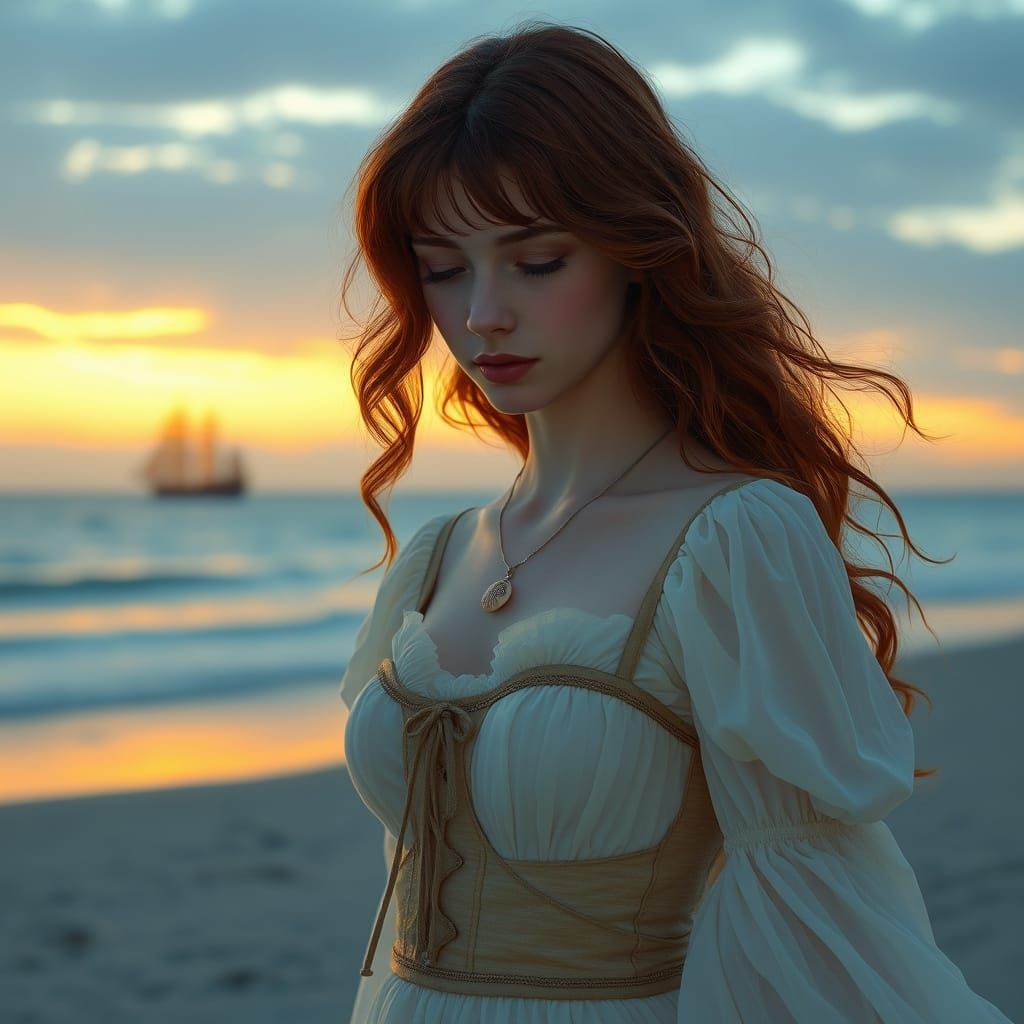 Woman on Beach in Pre-Raphaelite Style
