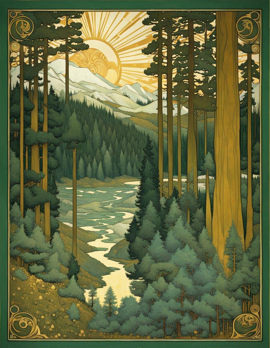 Boreal Forest Art Nouveau Travel Poster