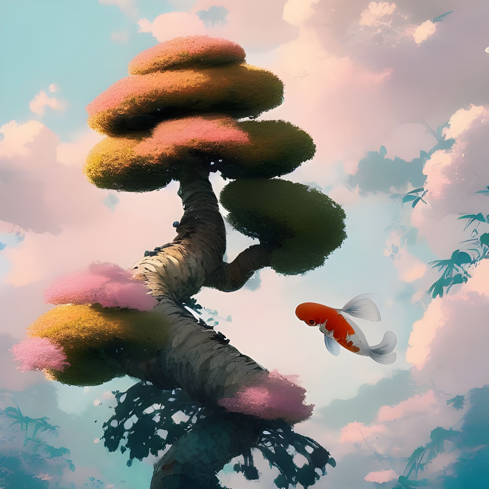 Koi Fish and Bonsai Trees in Pastel Sky