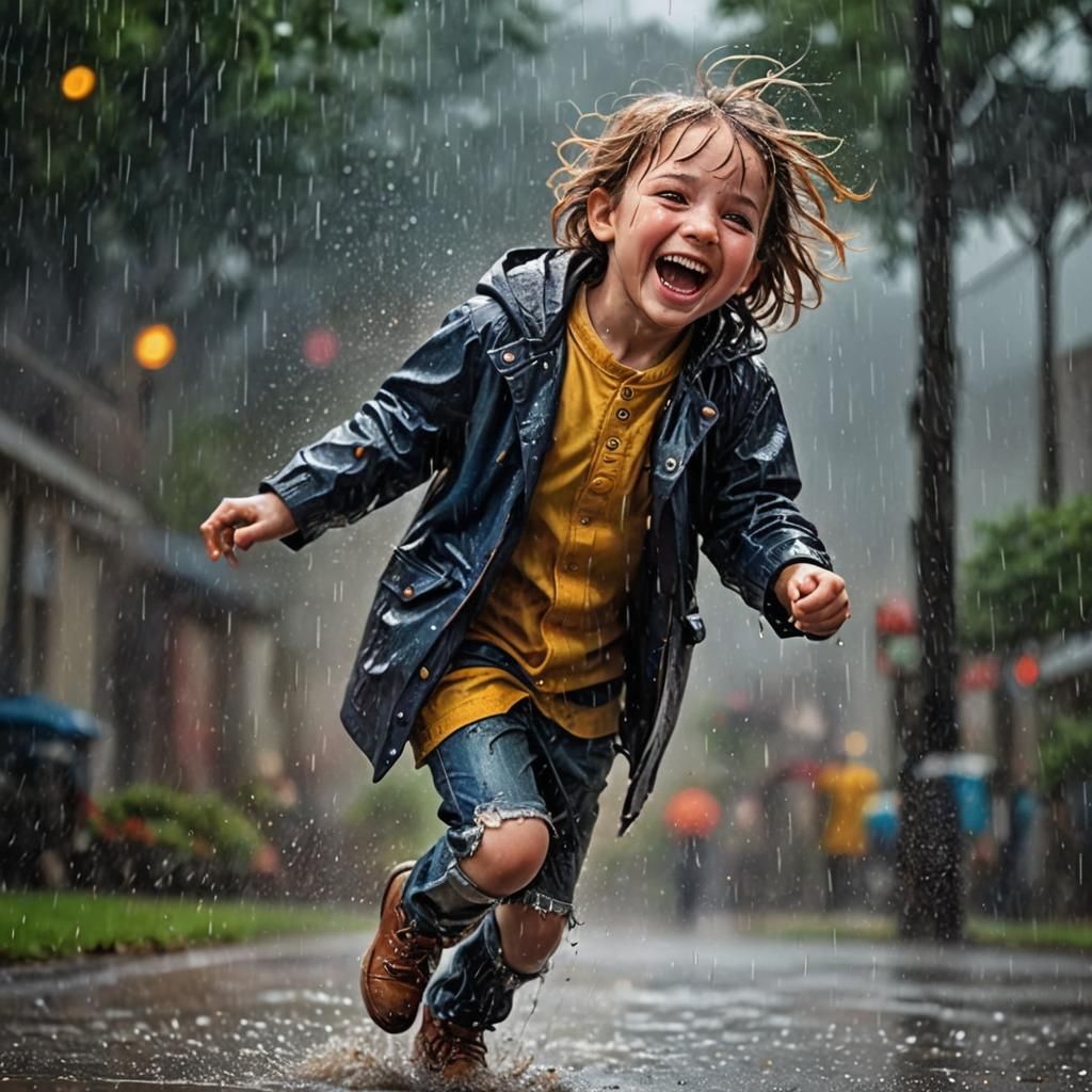 Happy Child Plays in Rainy, Vibrant Photorealistic Image