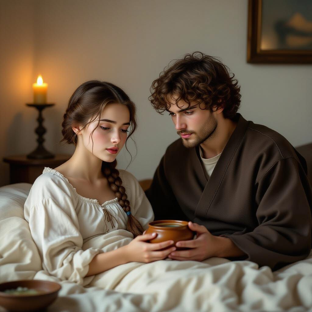 Monk Offers Soup to Ailing Woman by Candlelight