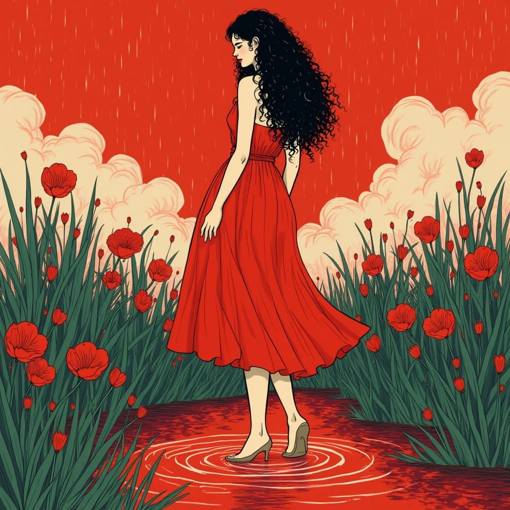 Woman in Red Surrounded by Red Flowers