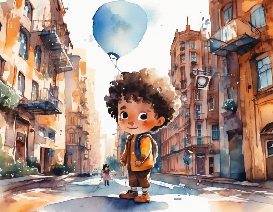 Whimsical Kidcore Cityscape in Watercolor Style