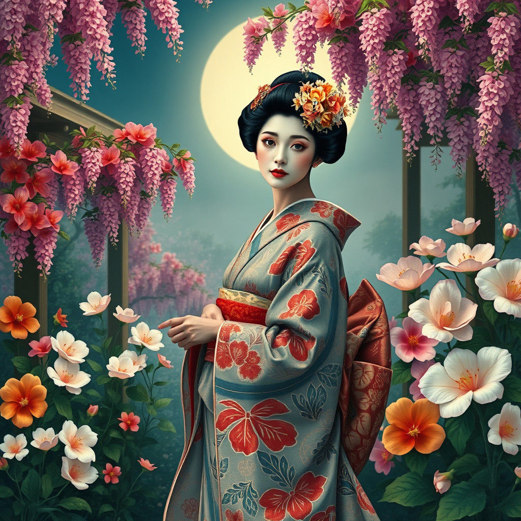 Ethereal Geisha in Moonlit Japanese Garden