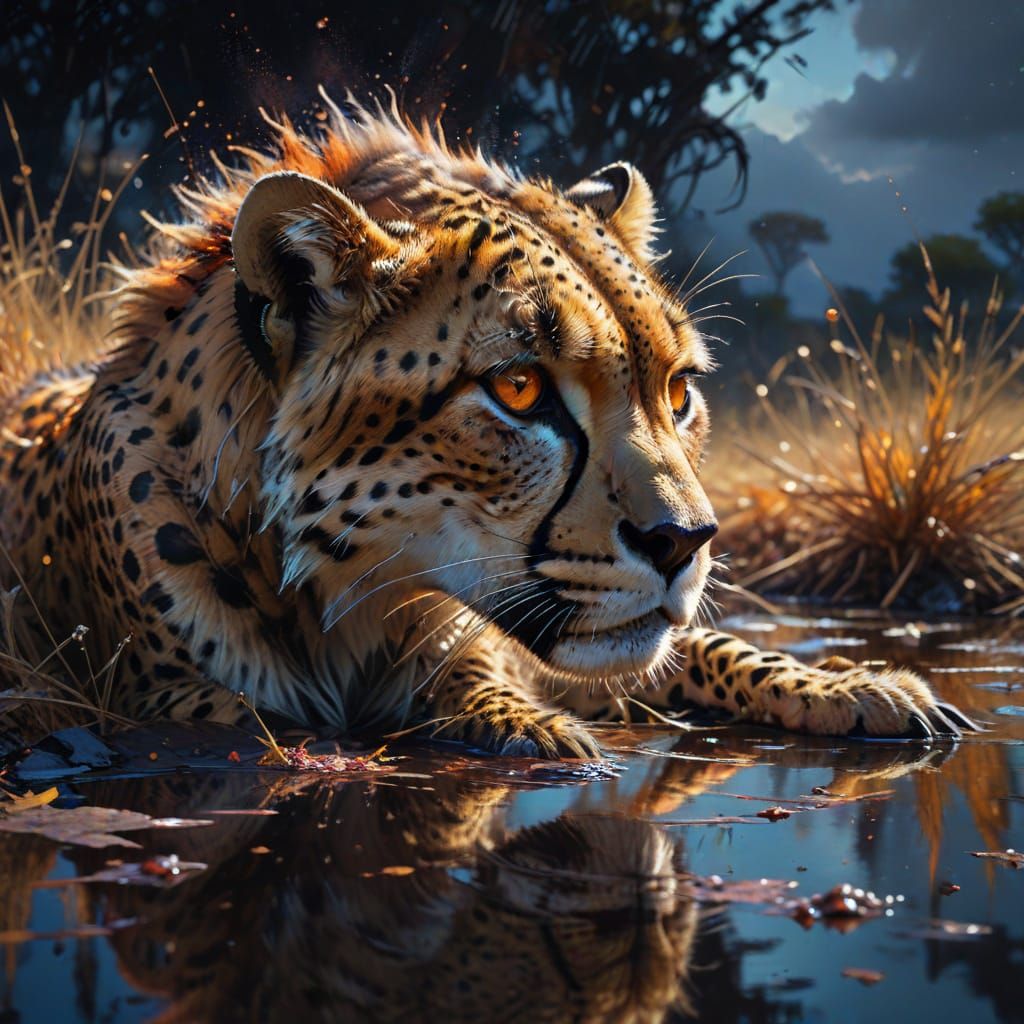 Cheetah's Reflection in Starry Savanna Waterhole