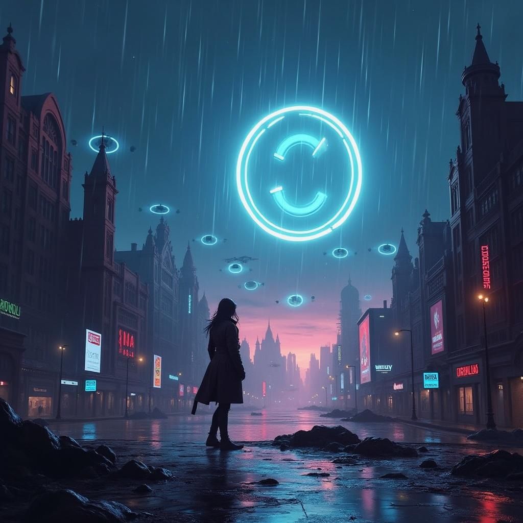 Dystopian Cityscape with Flying Cars in Cyberpunk Style