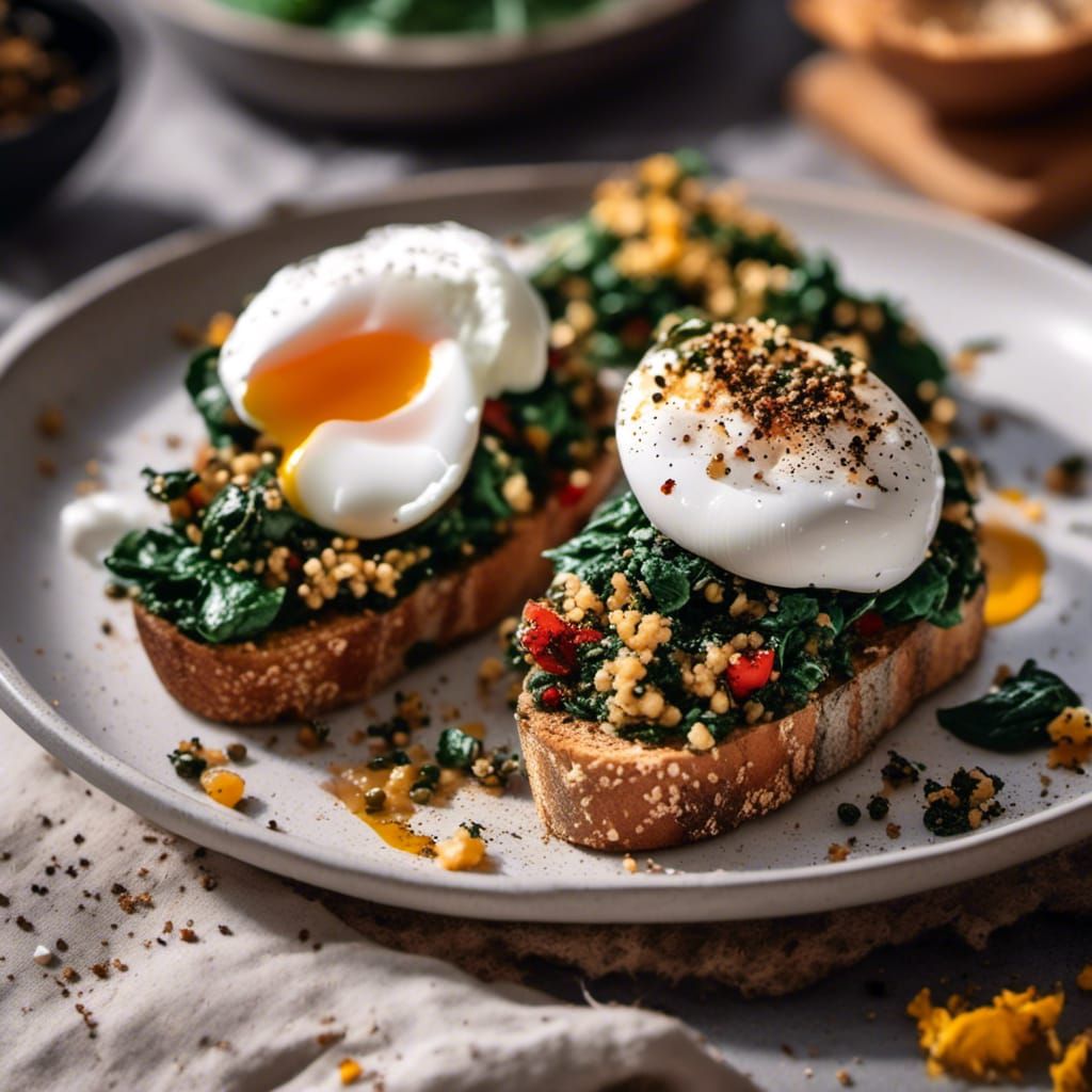 Bruschetta with Egg, Chard and Spinach: Macro Food Photograp...