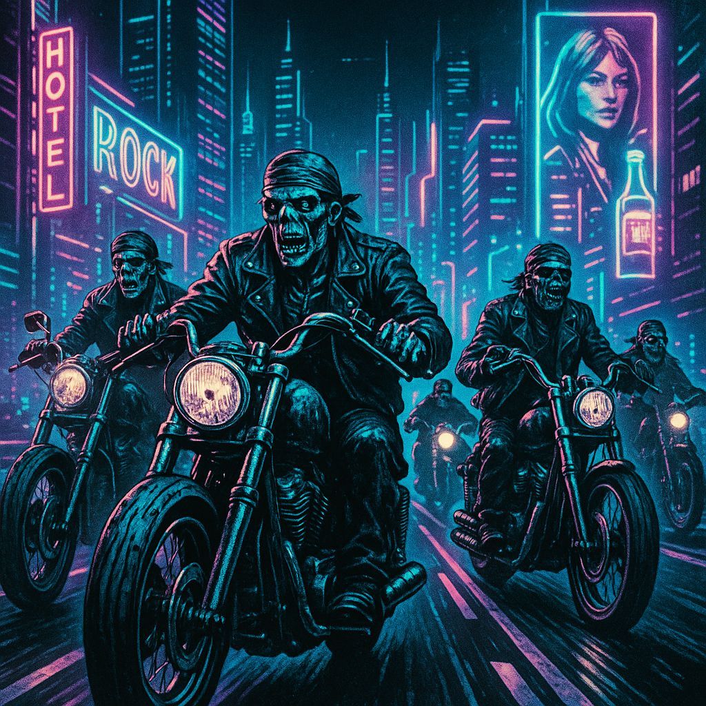 Zombies Ride Motorcycles on Neon Highway in Film Noir Style