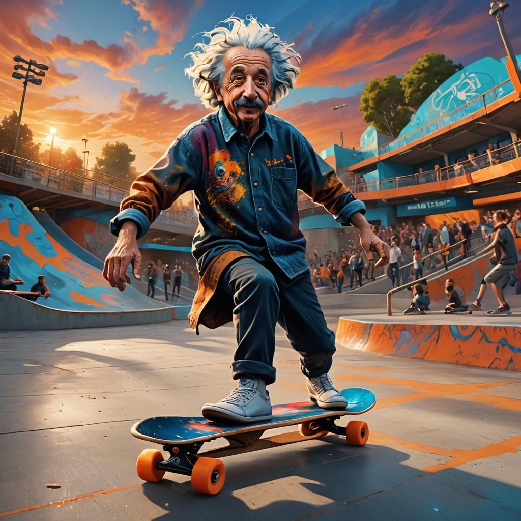 Einstein Shreds: Vibrant Skate Park Concept Art