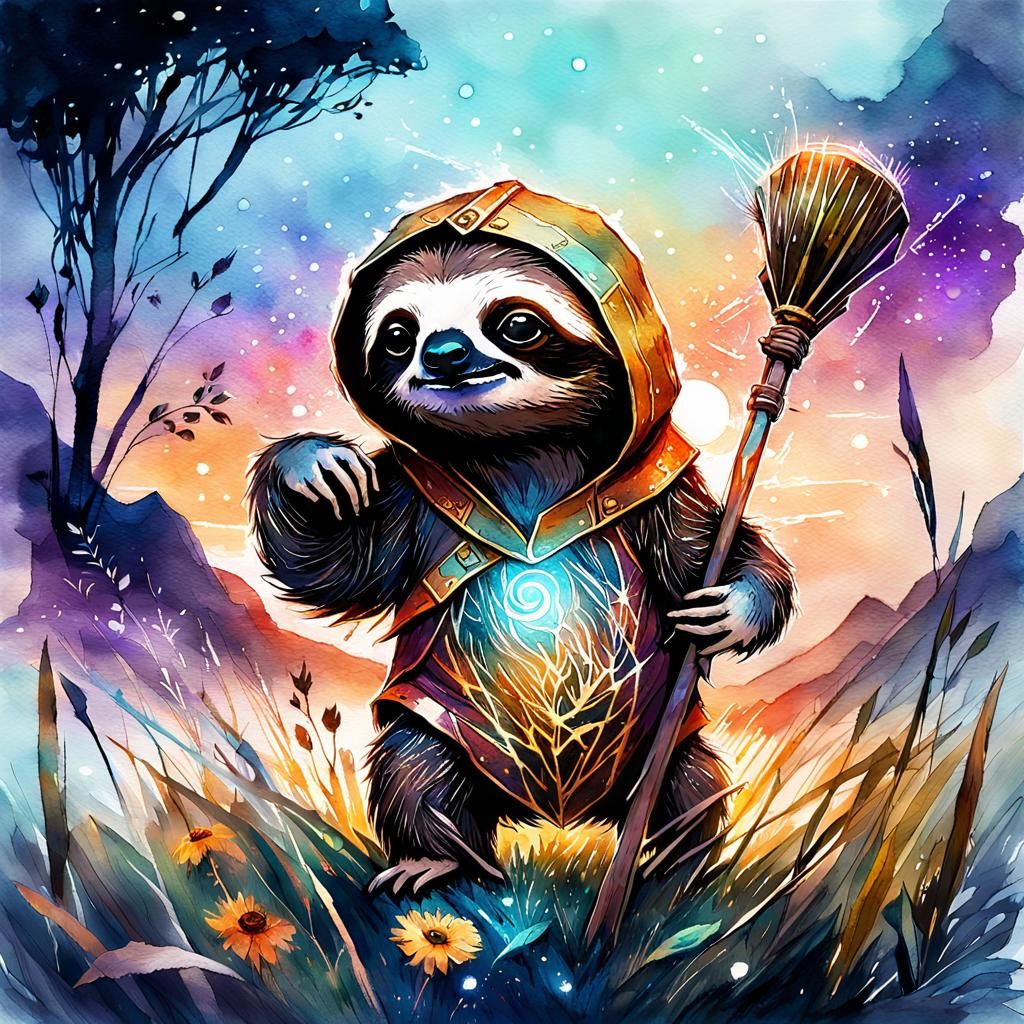 Chibi Sloth Sorcerer in Watercolor Meadow