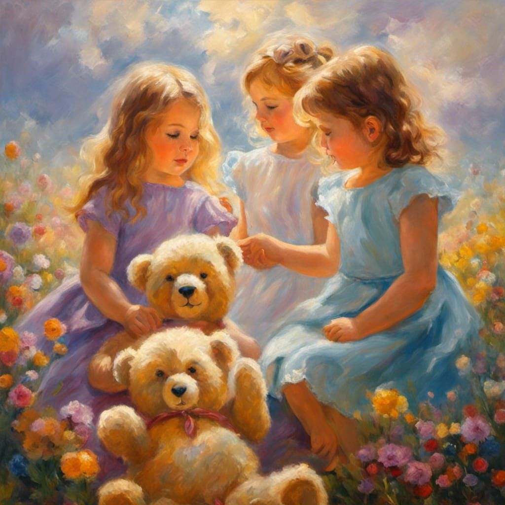 Impressionist painting of young girls, playing with their teddy bears.