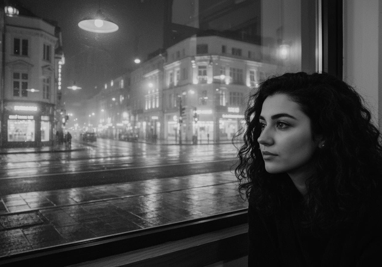 Rainy Cafe Window View with Audrey Hepburn