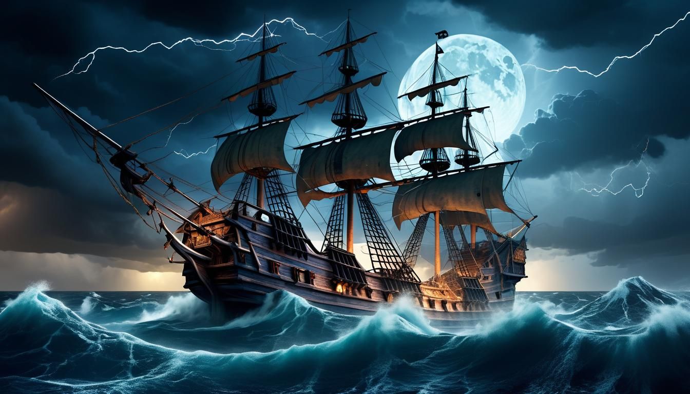 Pirate Galleon Struck By Lightning in Storm