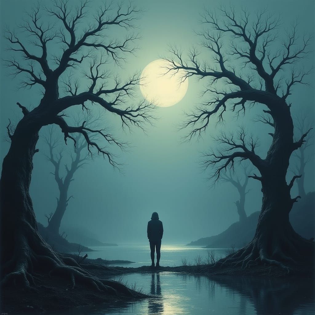 Ethereal Figure in Moonlit Biomechanical Landscape