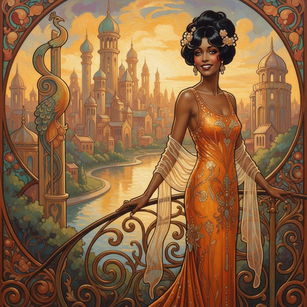 Art Nouveau Cityscape with Elegant Woman in Gown