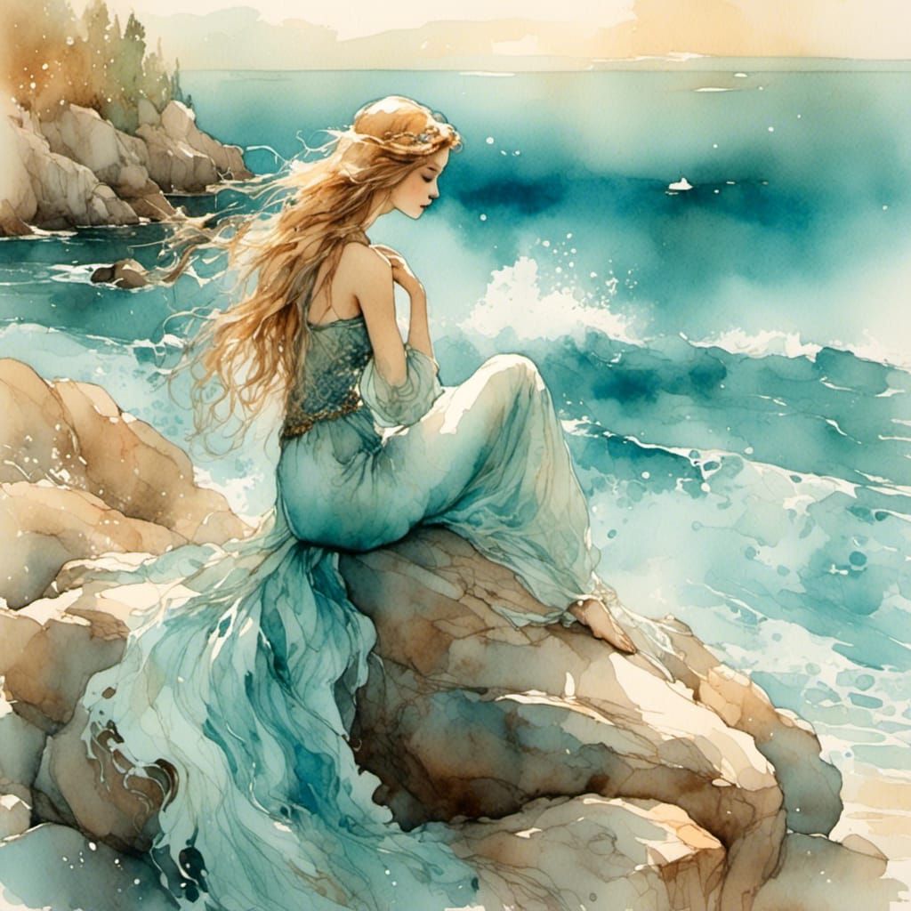 Watercolor Mermaid on Rock in Pre-Raphaelite Style
