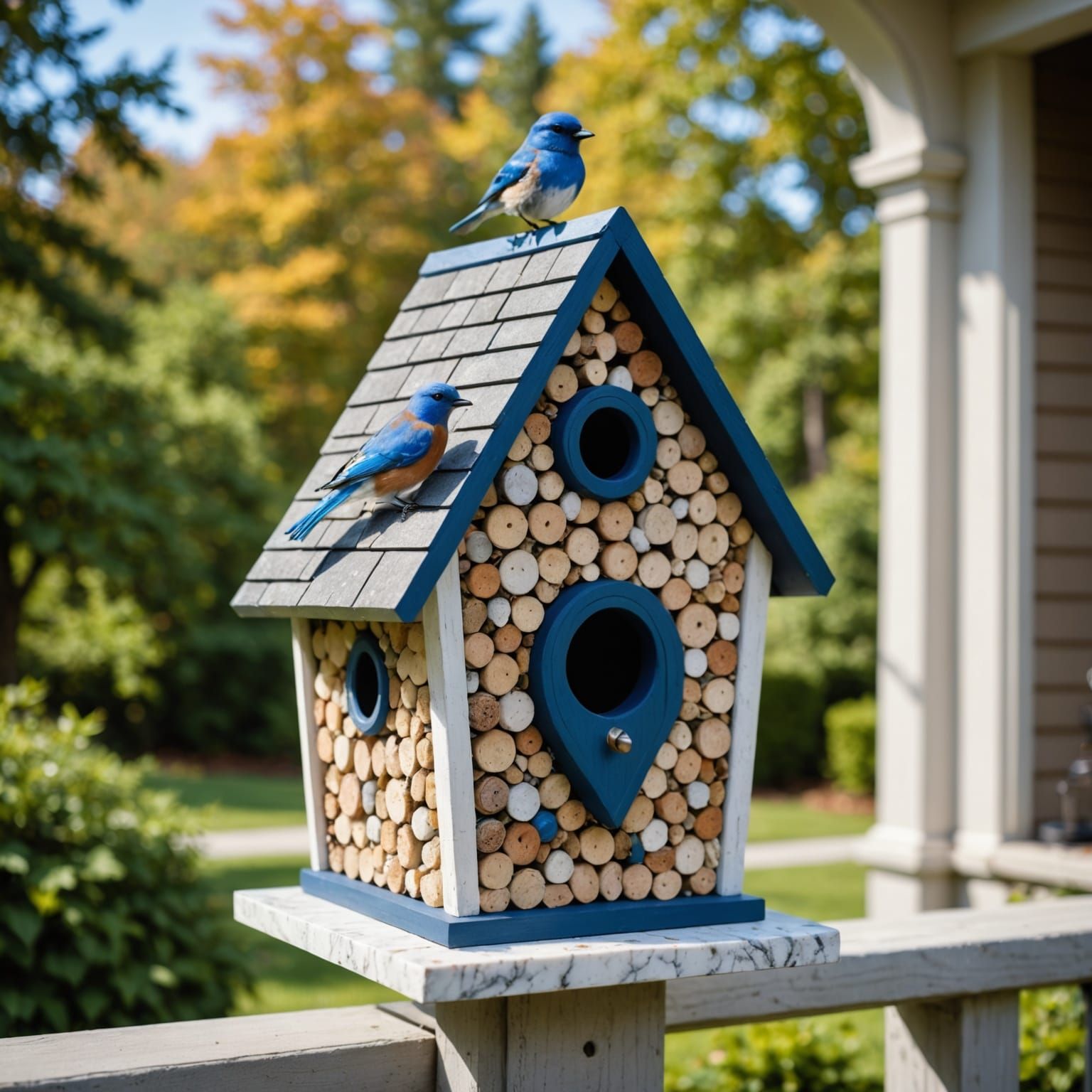 Cartoon Bluebird's Marble Birdhouse Mansion