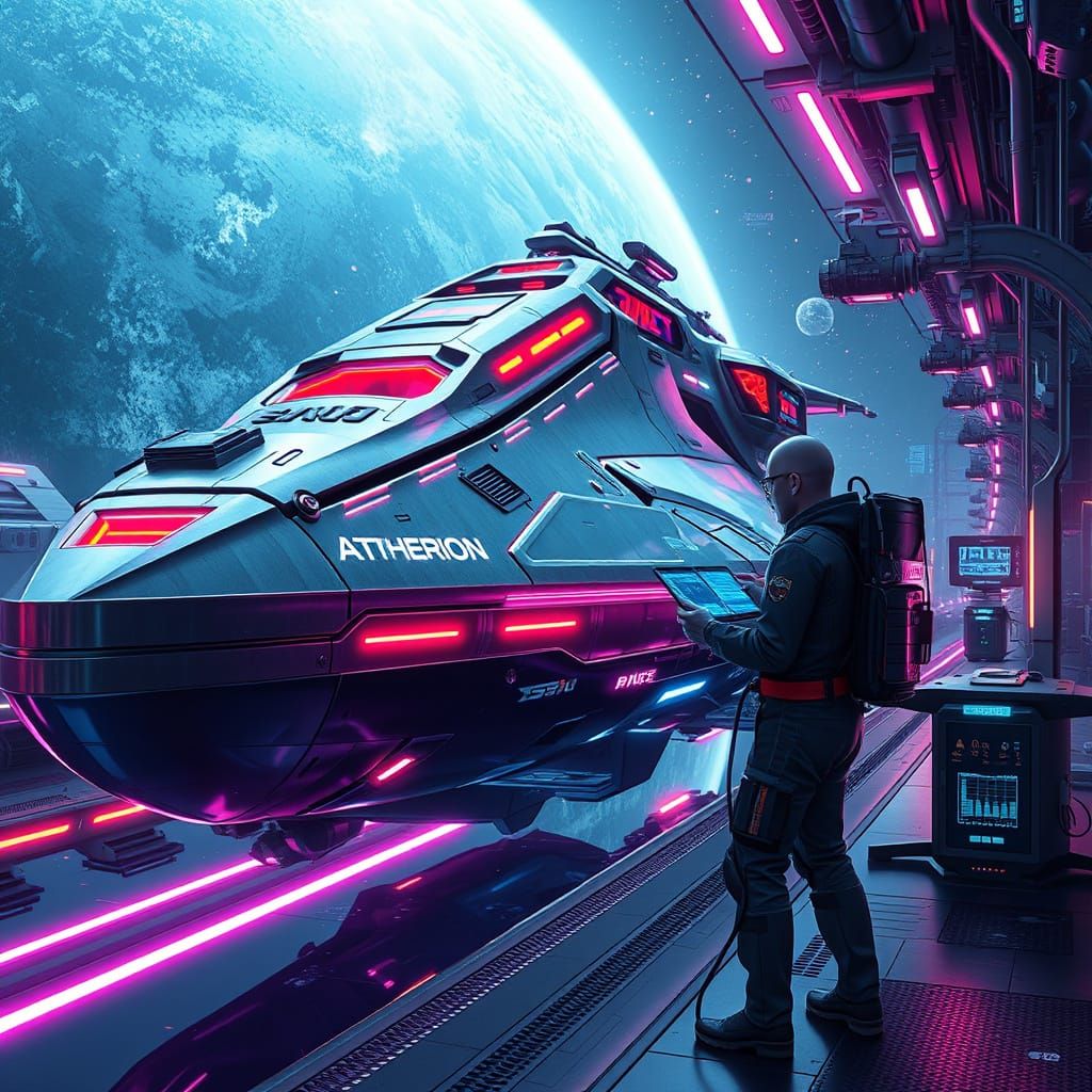 Futuristic Spaceport Scene with Aetherion Starship and Techn...