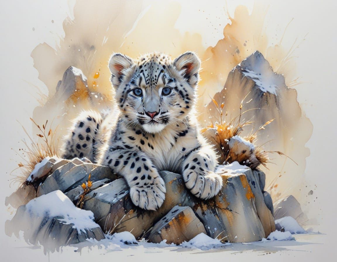 Baby Snow Leopard Cub in Soft Morning Light, Watercolour Sty...