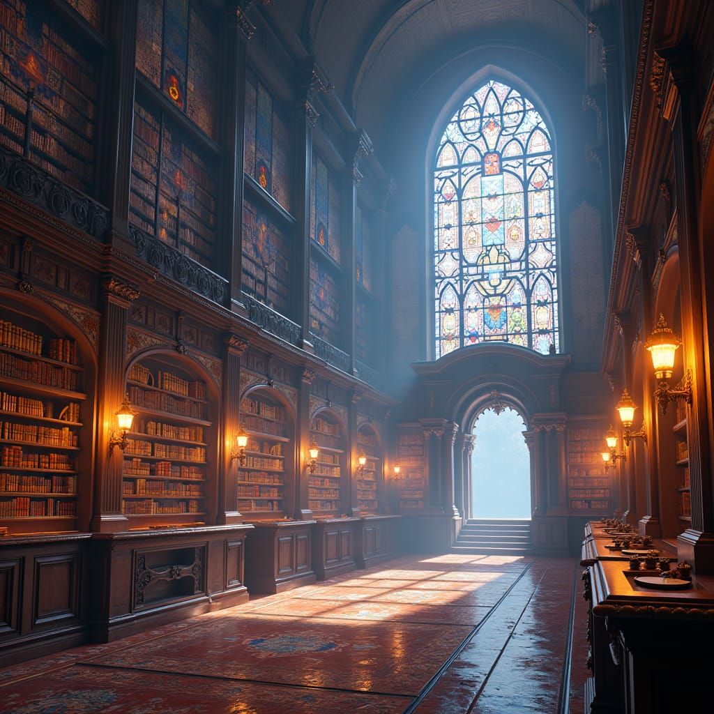 Majestic Library with Stained Glass Windows
