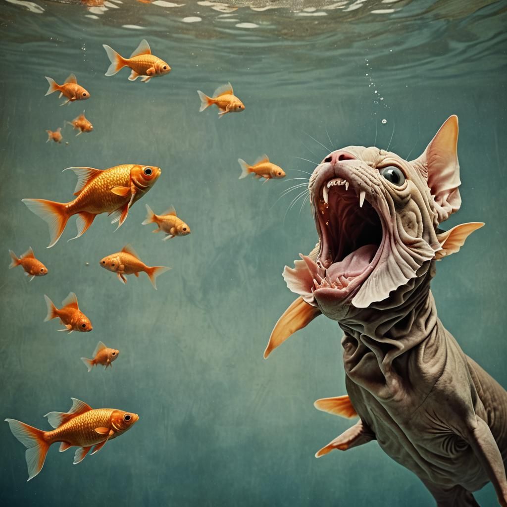 Goldfish and Sphynx Cat Head: Vintage Photograph