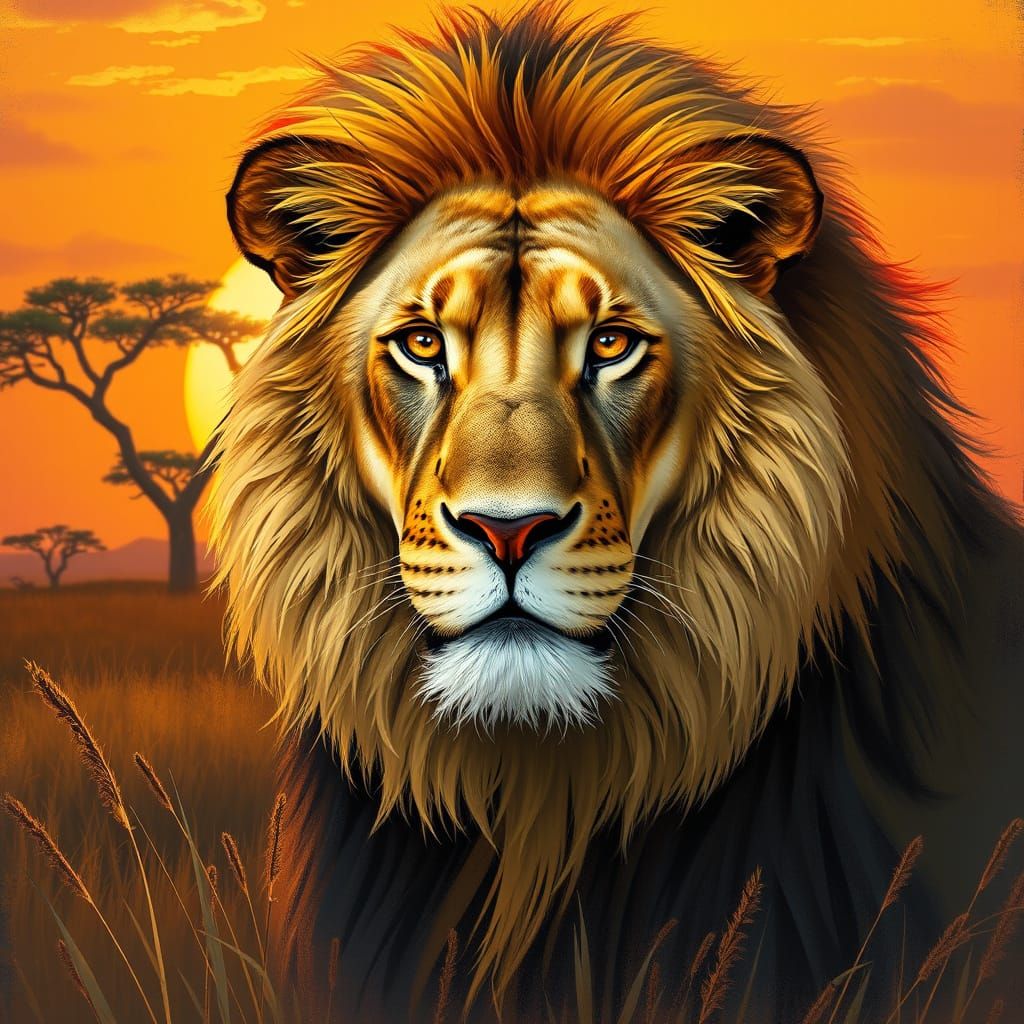 Surreal Lion Dominates Sunset Savannah in Expressive Wildlif...