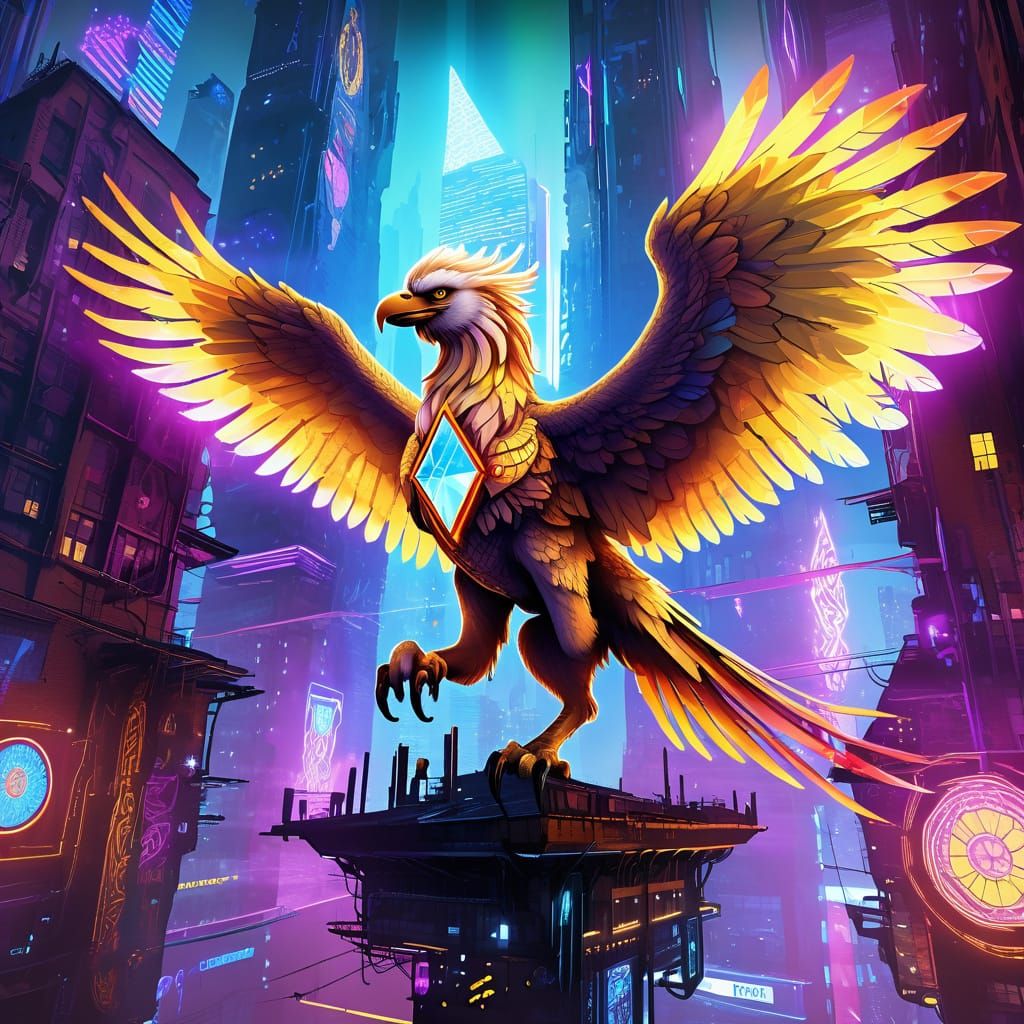 Griffin Soaring Over Cyberpunk City in Digital Art