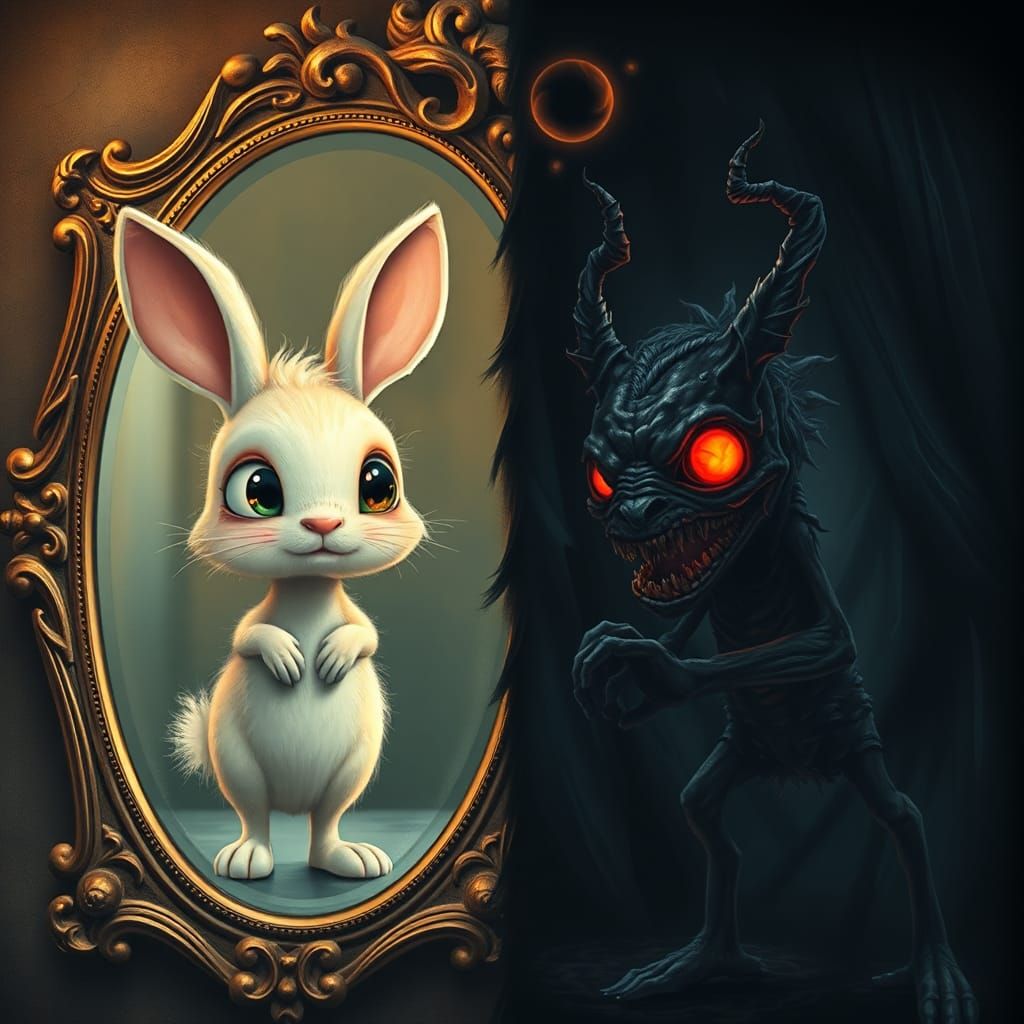 Rabbit's Dark Reflection in Ornate Antique Mirror